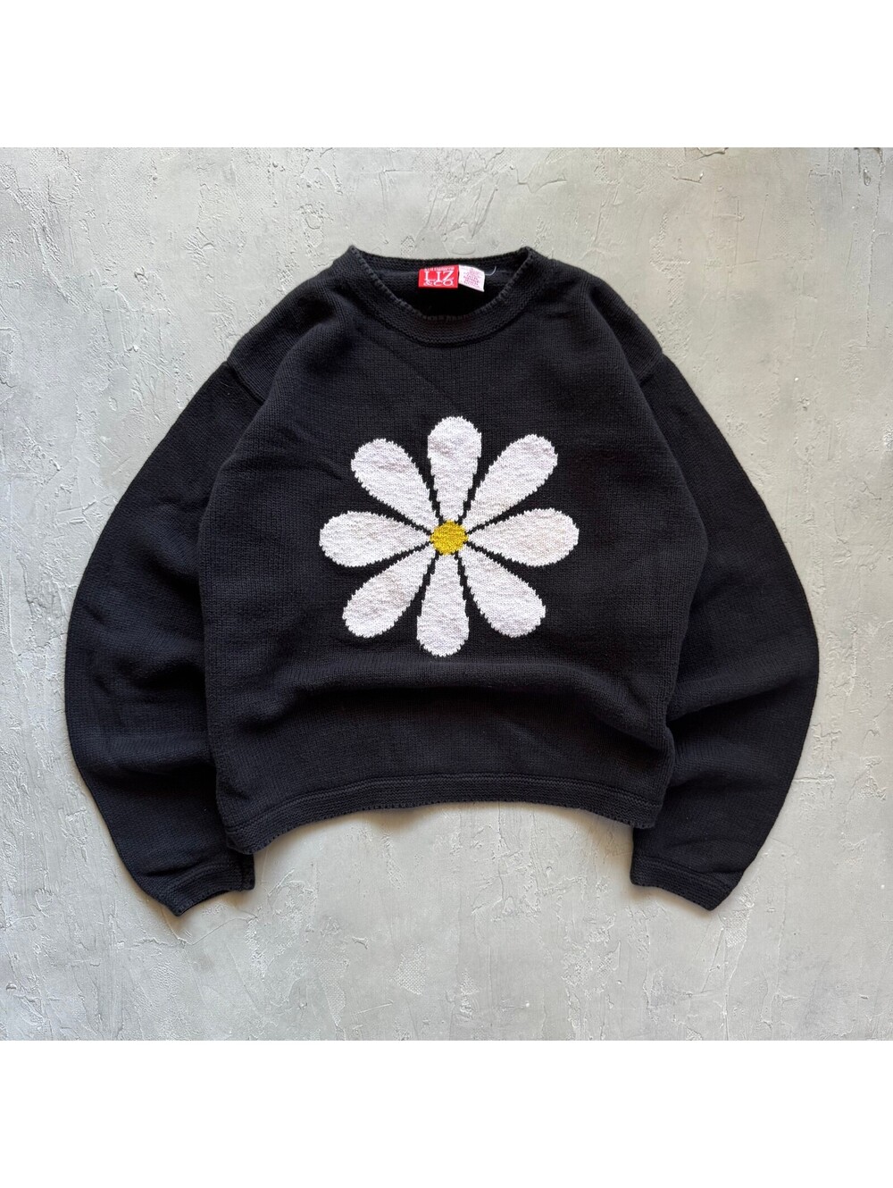 Vintage 90s Liz & Co Black Daisy Flower Knit Cropped Sweater Women's Size S